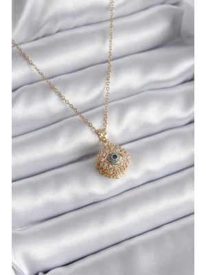 316L Çelik Gold Renk Zirkon Taşlı Göz Model Kadın Kolye