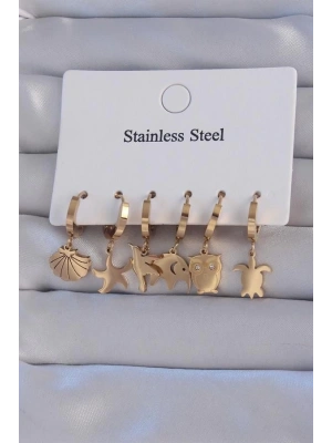 316L Çelik Gold Renk Zirkon Taşlı Hayvan Figürlü Deniz Yıldızı Model Halka Küpe Seti