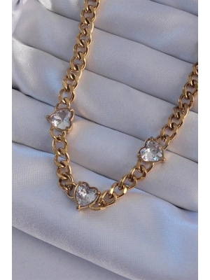 316L Çelik Gold Renk Zirkon Taşlı Kalp Model Zincir Kolye