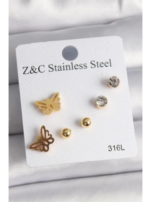 316L Çelik Gold Renk Zirkon Taşlı Kelebek Figür Kadın Küpe Seti