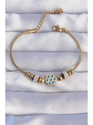 316L Çelik Gold Renk Zirkon Taşlı Nazarlı Çiçek Tasarımlı Bileklik