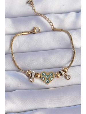 316L Çelik Gold Renk Zirkon Taşlı Nazarlı Kalp Tasarımlı Bileklik