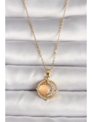 316L Çelik Gold Renk Zirkon Taşlı Turuncu Sedefli Hilal Model Kadın Kolye