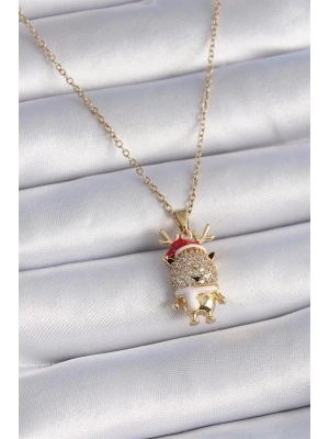 316L Çelik Gold Renk Zirkon Taşlı Yılbaşı Temalı Ren Geyiği Figür Kadın Kolye