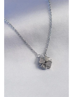 316L Çelik Gümüş Renk Açılır Zirkon Taşlı Yonca Model Kadın Kolye