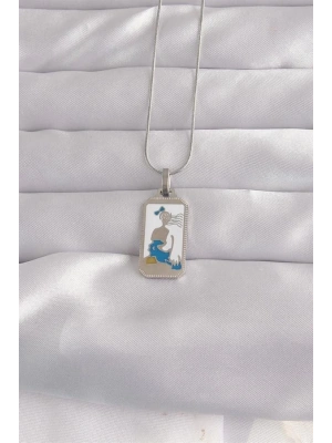 316L Çelik Gümüş Renk Beyaz Mineli Kız Figür Tarot Kolye