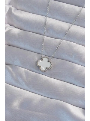 316L Çelik Gümüş Renk Beyaz Sedefli Yonca Kolye