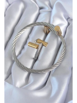 316L Çelik Gümüş Renk Gold Detay Sarmal Model Erkek Bileklik Yüzük Kombini