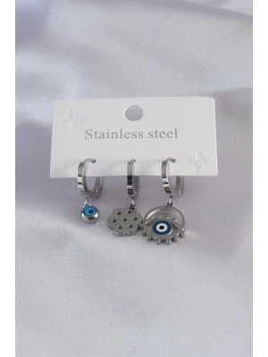 316L Çelik Gümüş Renk Göz Figür Nazar Boncuk Detay Kadın Küpe Kombini