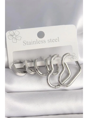 316L Çelik Gümüş Renk Halka Kalp Model Kadın Küpe Seti