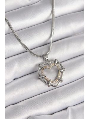 316L Çelik Gümüş Renk İtalyan Zincir Mix Renk Zirkon Taş Detay Kalp Model Kadın Kolye