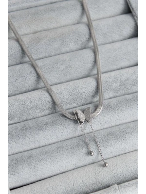 316L Çelik Gümüş Renk İtalyan Zincir Model Simli Kelebek Figür Kadın Kolye