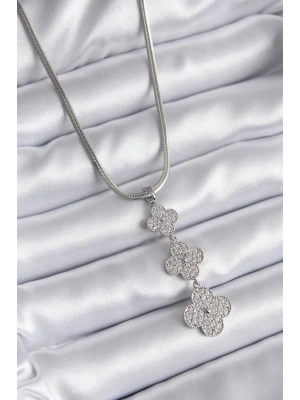 316L Çelik Gümüş Renk İtalyan Zincir Zirkon Taşı Yonca Model Kadın Kolye