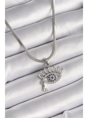 316L Çelik Gümüş Renk İtalyan Zincir Zirkon Taşlı Göz Model Kadın Kolye