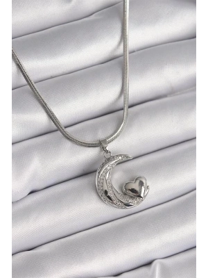 316L Çelik Gümüş Renk İtalyan Zincir Zirkon Taşlı Halil Figür Kalp Detay Kadın Kolye