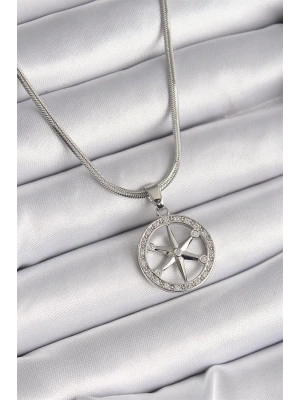 316L Çelik Gümüş Renk İtalyan Zincir Zirkon Taşlı Kutup Yıldız Model Kadın Kolye