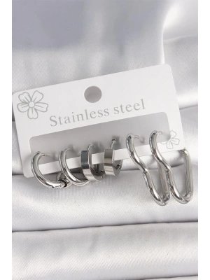 316L Çelik Gümüş Renk Kalp Halka Model Kadın Küpe Seti