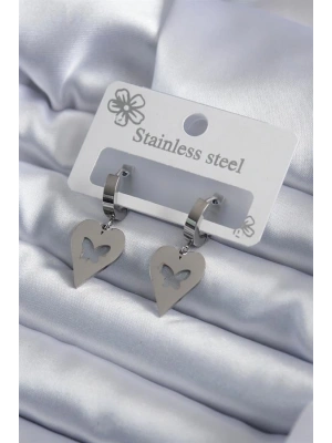 316L Çelik Gümüş Renk Kalp Model Kelebek İşleme Kadın Küpe