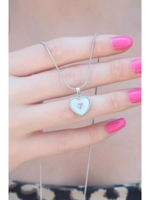 316L Çelik Gümüş Renk Kalp Model Pembe Kalp Zirkon Taş Detay Kadın Kolye