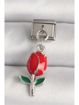 316L Çelik Gümüş Renk Kırmızı Gül Model Nomination Charm