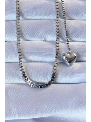 316L Çelik Gümüş Renk Küp Zincirli Kalpli Kolye