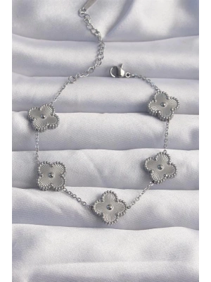 316L Çelik Gümüş Renk Motifli Yonca Bileklik