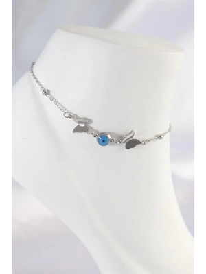 316L Çelik Gümüş Renk Nazar Boncuk Detay Kelebek Halhal