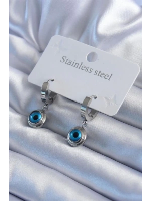 316L Çelik Gümüş Renk Nazar Boncuk Model Kadın Küpe