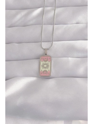 316L Çelik Gümüş Renk Pembe Mineli Ay Figür Tarot Kolye