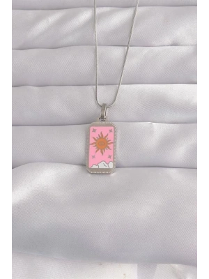 316L Çelik Gümüş Renk Pembe Mineli Güneş Model Tarot Kolye