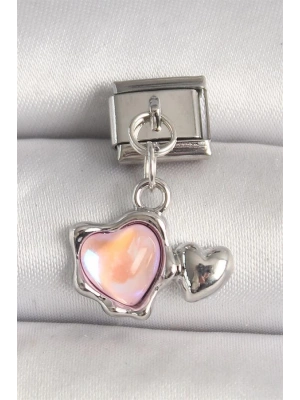 316L Çelik Gümüş Renk Pembe Mineli Kalp Model Nomination Charm