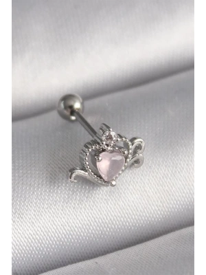 316L Çelik Gümüş Renk Pembe Mineli Kalp Zirkon Taş Detay Tragus Piercing