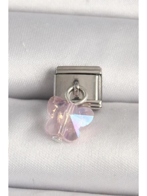 316L Çelik Gümüş Renk Pembe Zirkon Taşlı Kelebek Model Nomination Charm