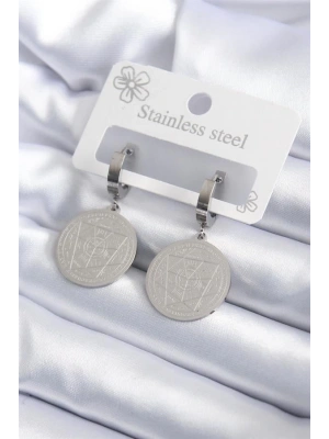 316L Çelik Gümüş Renk Pentagram İşleme Model Kadın Küpe