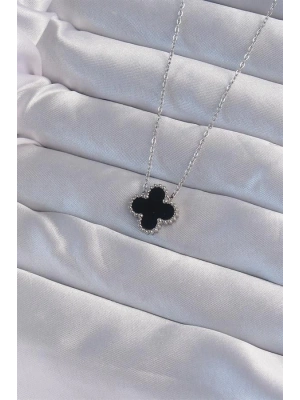 316L Çelik Gümüş Renk Siyah Mineli Yonca Kolye