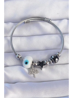 316L Çelik Gümüş Renk Siyah Zirkon Taşlı Yıldız Tasarımlı Ağaç Detay Nazarlı Charm Bileklik