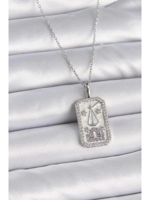 316L Çelik Gümüş Renk Terazi Burcu Zirkon Taşlı Kadın Kolye