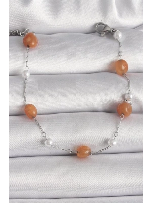 316L Çelik Gümüş Renk Turuncu Doğaltaş Model İnci Detay Kadın Bileklik
