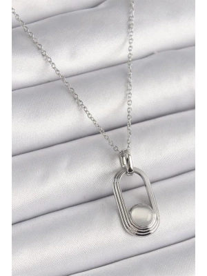 316L Çelik Gümüş Renk Zincir Beyaz Kedi Göz Model Kadın Kolye