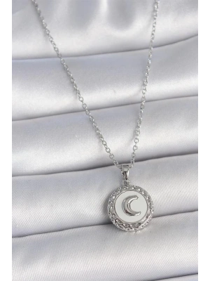 316L Çelik Gümüş Renk Zincir Beyaz Mineli Hilal İşlemeli Madalyon Model Kadın Kolye