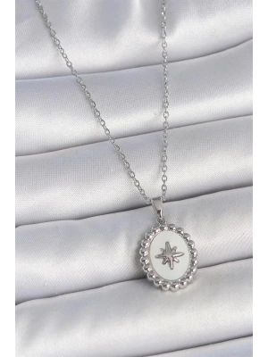 316L Çelik Gümüş Renk Zincir Beyaz Mineli Kutup Yıldız İşlemeli Madalyon Model Kadın Kolye