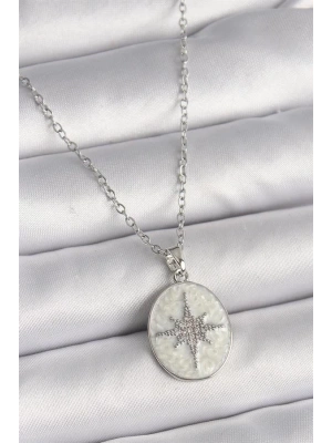 316L Çelik Gümüş Renk Zincir Beyaz Mineli Zirkon Taşlı Kutup Yıldız İşleme Kadın Kolye