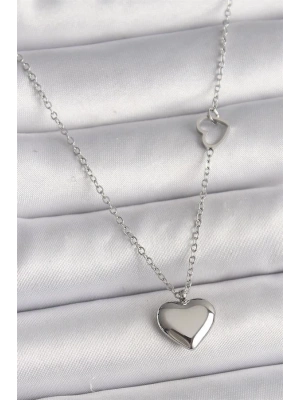 316L Çelik Gümüş Renk Zincir Kalp Detay Kalp Figür Kadın Kolye