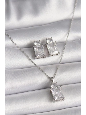 316L Çelik Gümüş Renk Zincir Kare Zirkon Taşlı Kadın Kolye Küpe Seti