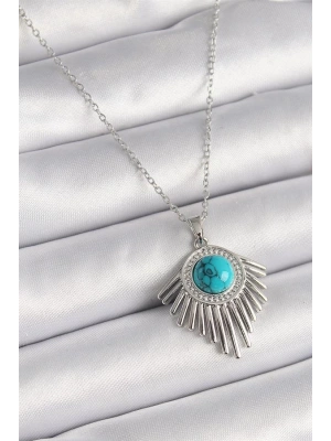 316L Çelik Gümüş Renk Zincir Mavi Boncuklu Zirkon Taşlı Kadın Kolye