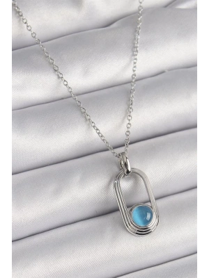 316L Çelik Gümüş Renk Zincir Mavi Kedi Göz Model Kadın Kolye