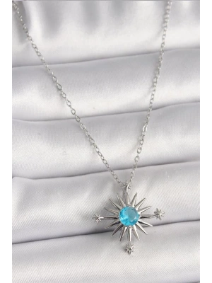 316L Çelik Gümüş Renk Zincir Mavi Taş Detaylı Kuzey Yıldızı Model Kadın Kolye