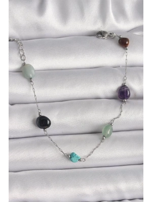 316L Çelik Gümüş Renk Zincir Renkli Doğaltaş Model Kadın Bileklik