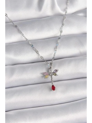 316L Çelik Gümüş Renk Zincir Renkli Zirkon Taşlı Yusufçuk Model Kadın Kolye