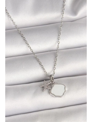 316L Çelik Gümüş Renk Zincir Sallantı Beyaz Mineli Deniz Kabuğu Zirkon Taşlı Deniz Yıldızı Figür Kadın Kolye